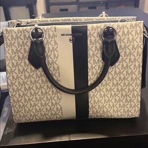 Michael Kors Beige Monogram Satchel with Black and White Stripe